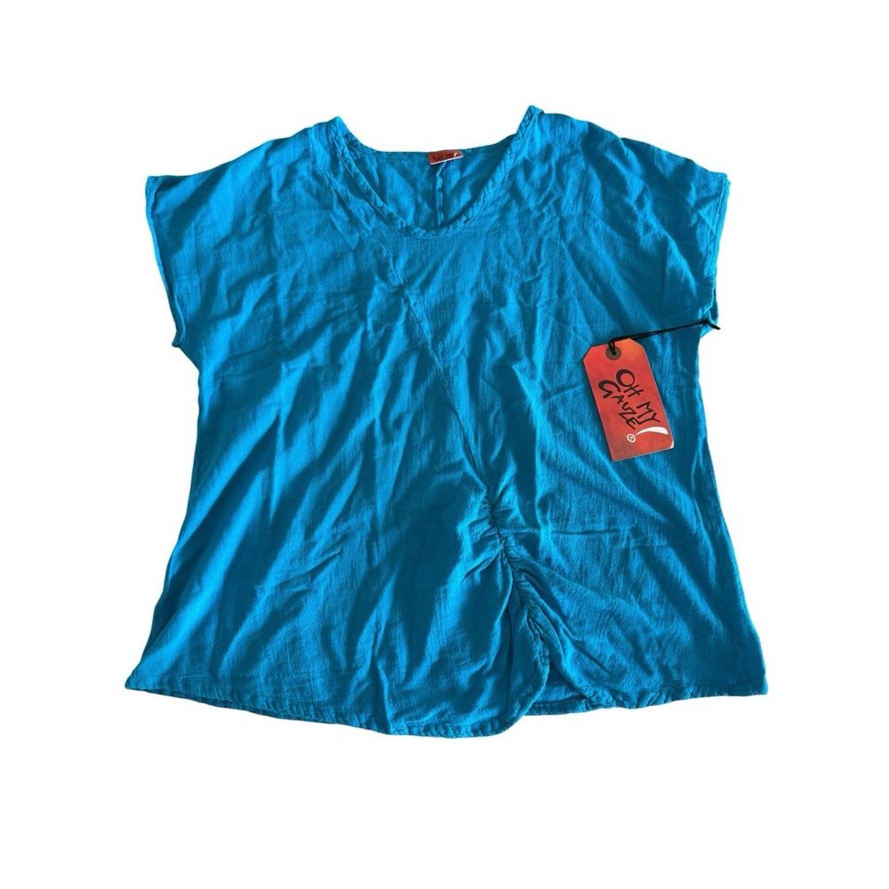 Oh My Gauze! NWT Short Sleeve Top Size 2 Large Teal Blue Ruched Asymmetrical